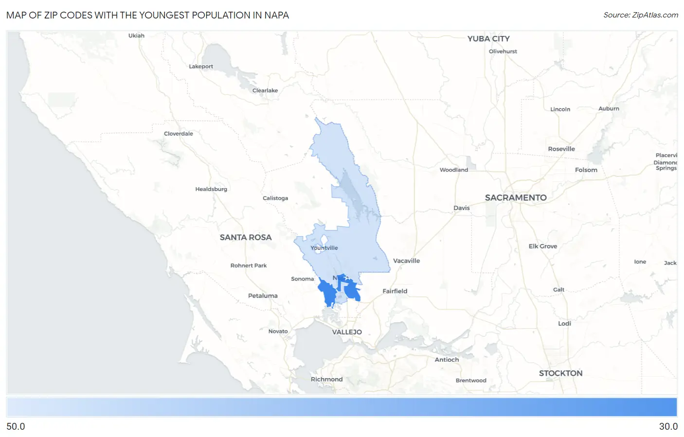 Zip Codes with the Youngest Population in Napa Map