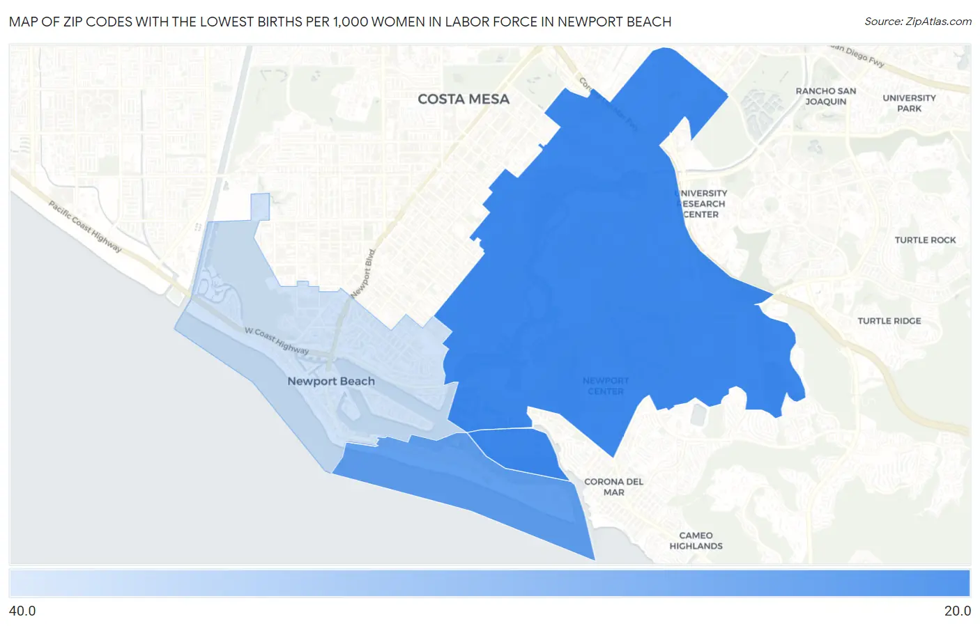 Zip Codes with the Lowest Births per 1,000 Women in Labor Force in Newport Beach Map