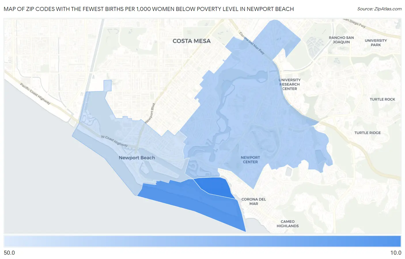 Zip Codes with the Fewest Births per 1,000 Women Below Poverty Level in Newport Beach Map