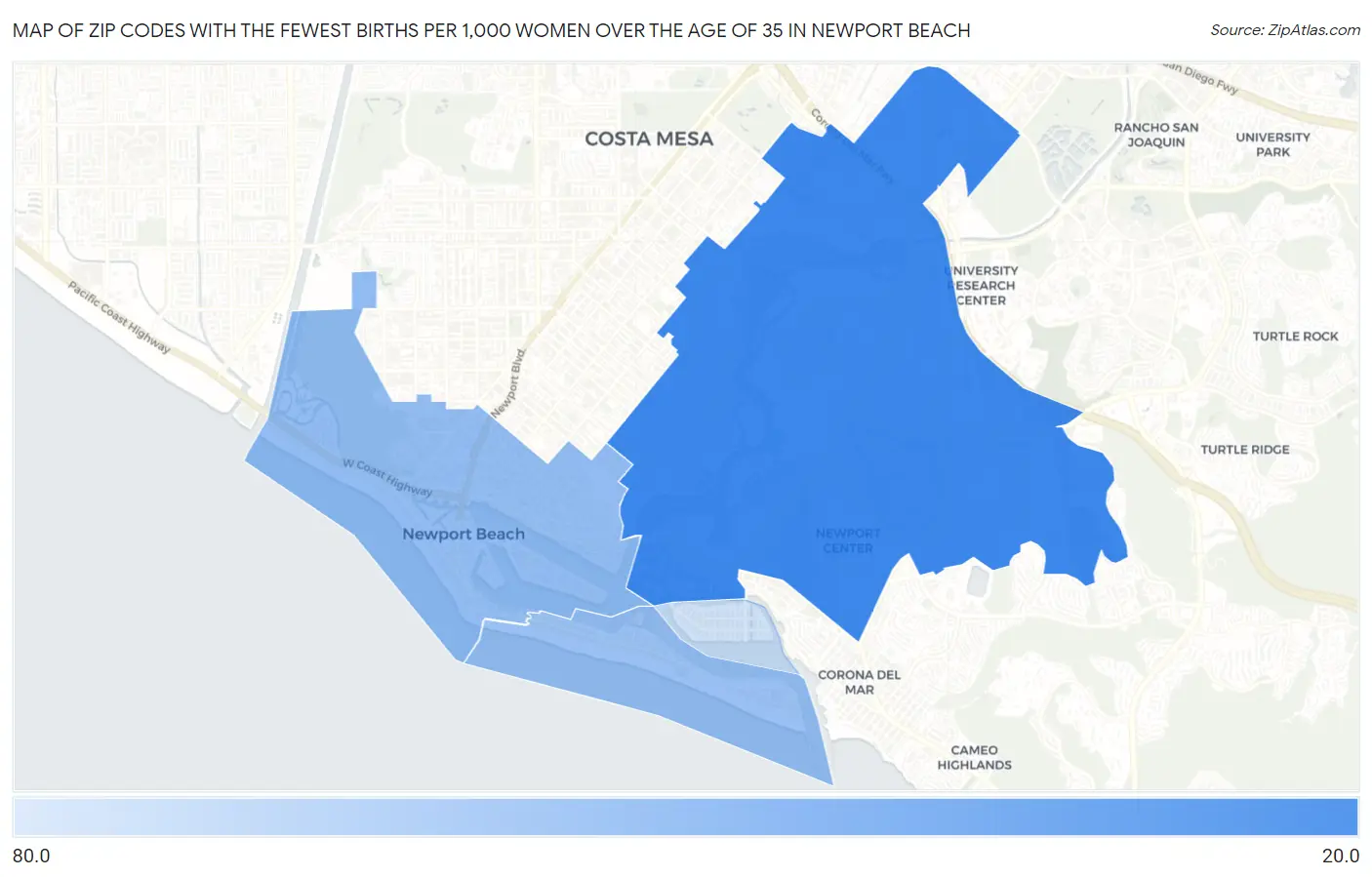 Zip Codes with the Fewest Births per 1,000 Women Over the Age of 35 in Newport Beach Map