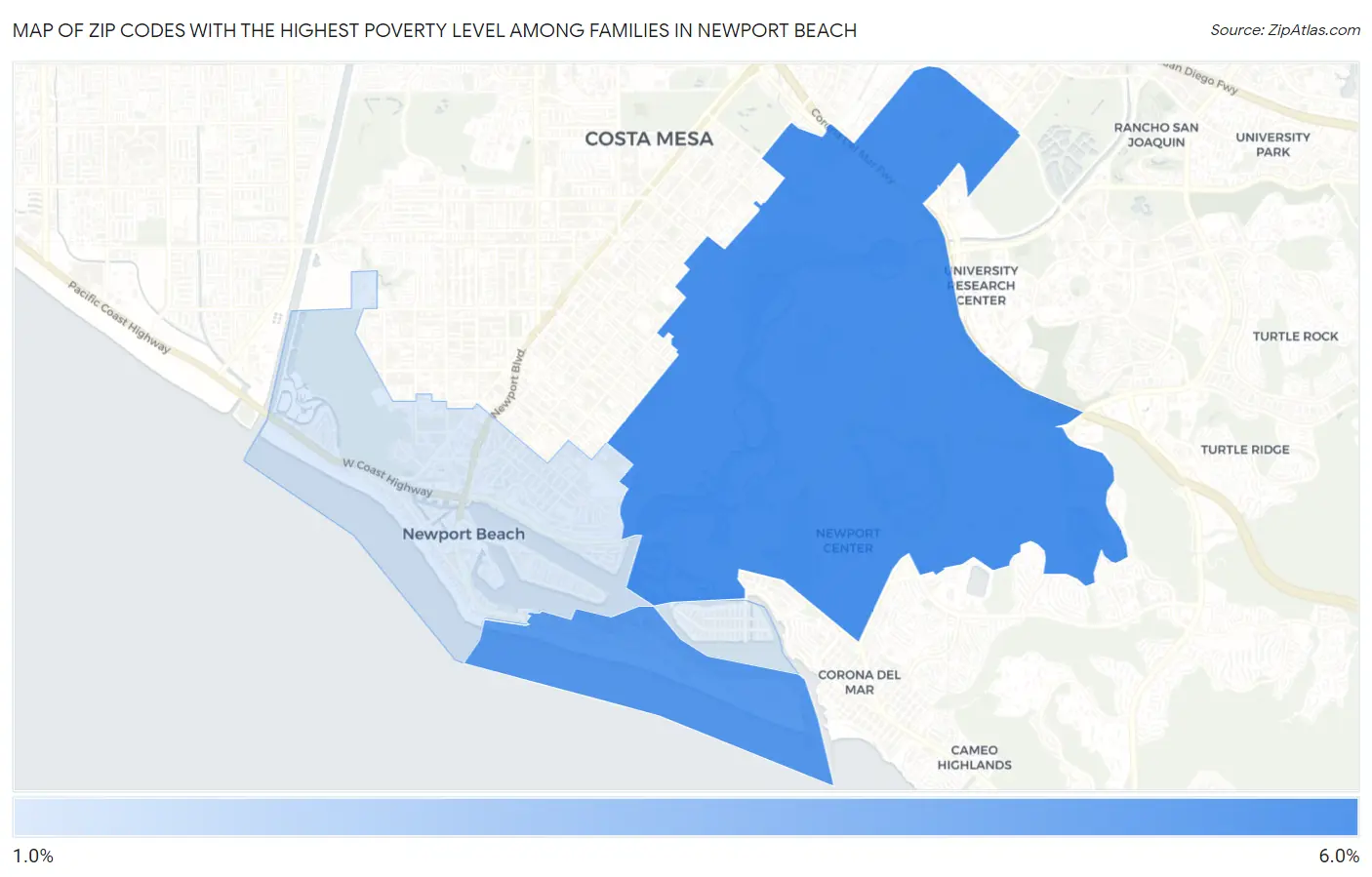Zip Codes with the Highest Poverty Level Among Families in Newport Beach Map