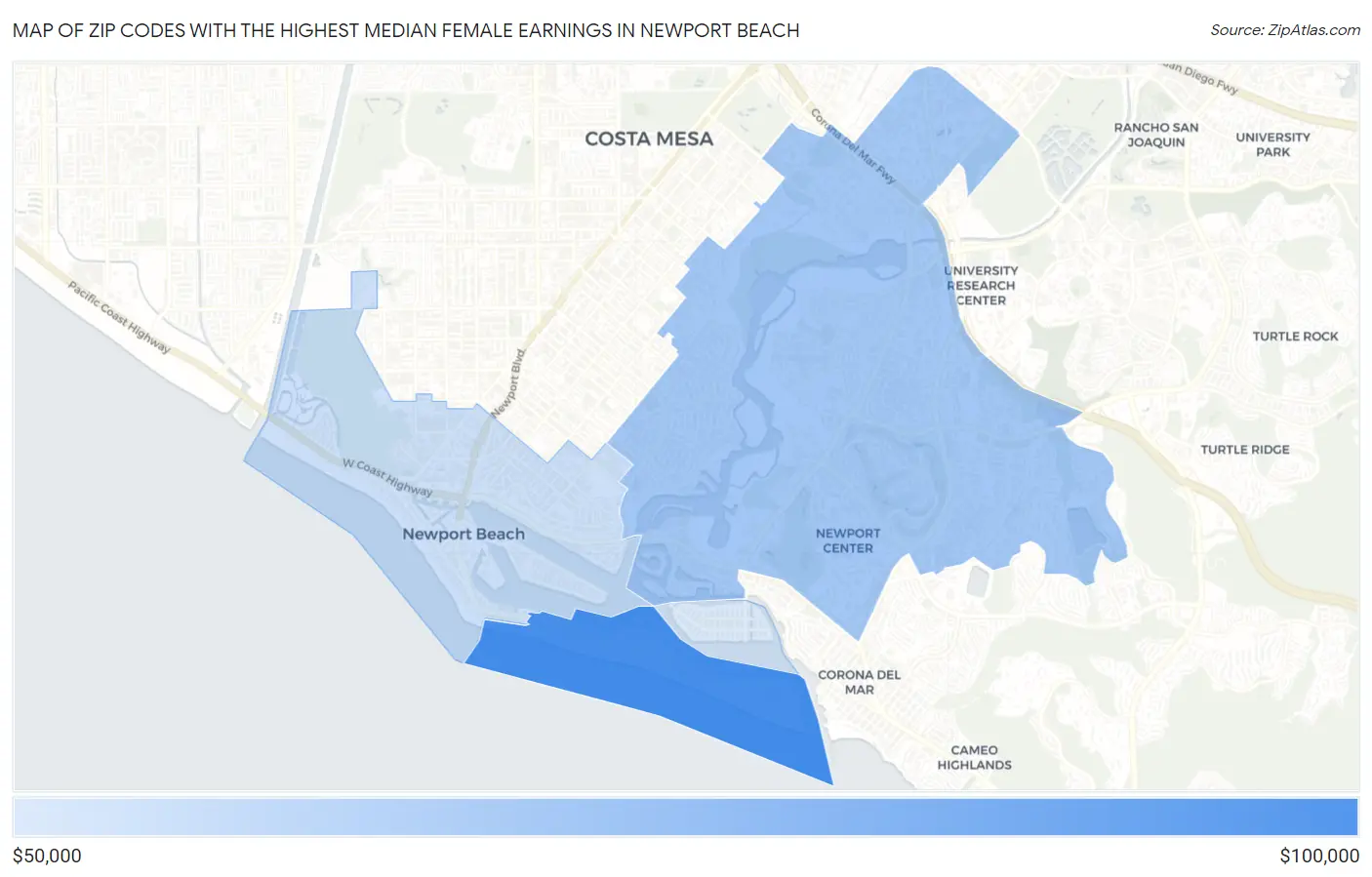 Zip Codes with the Highest Median Female Earnings in Newport Beach Map