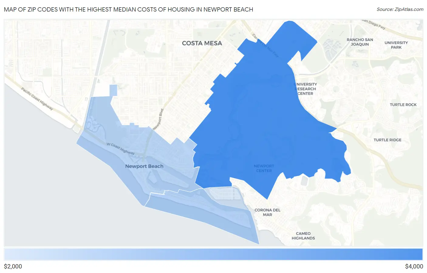 Zip Codes with the Highest Median Costs of Housing in Newport Beach Map