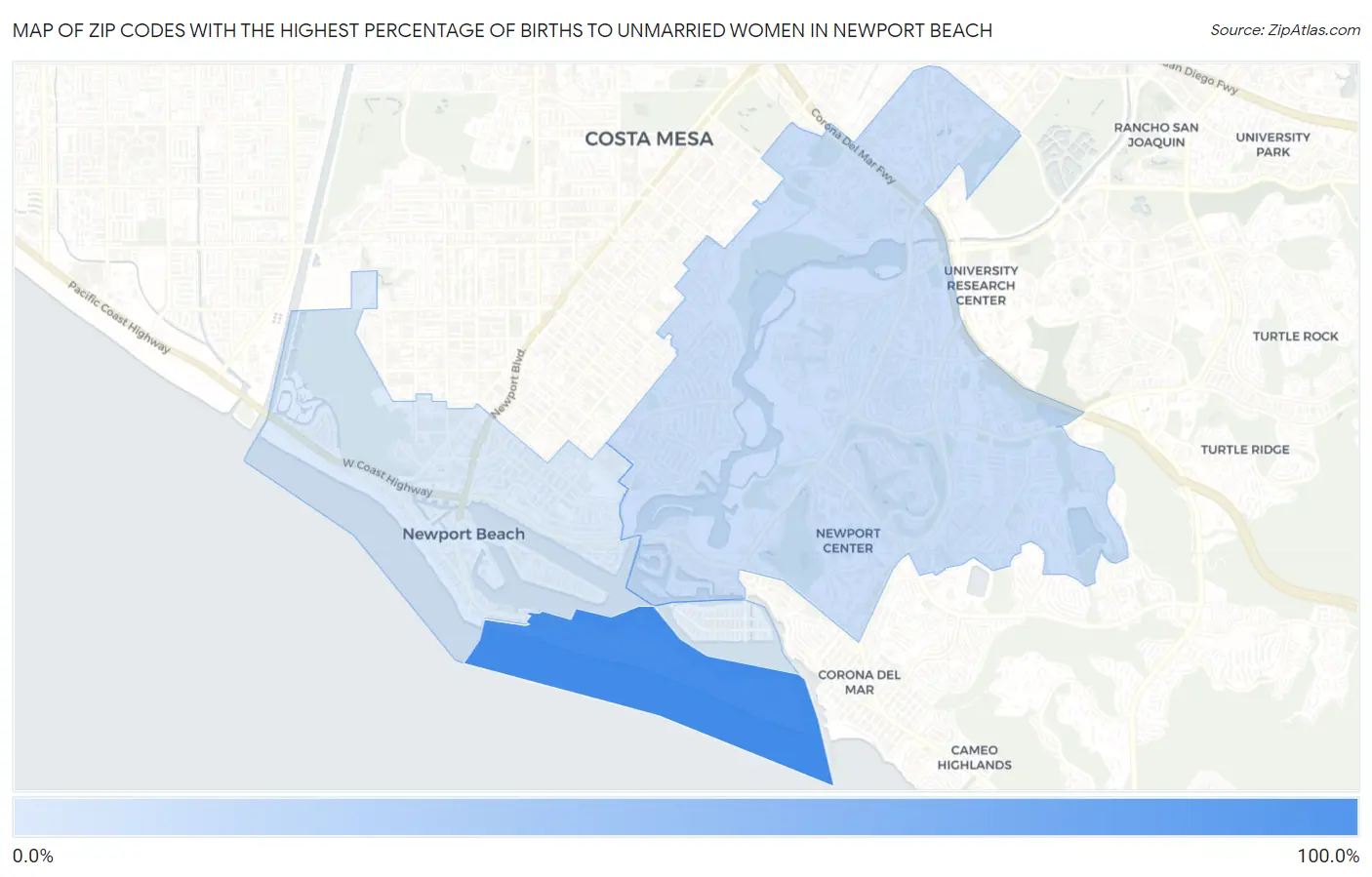 Zip Codes with the Highest Percentage of Births to Unmarried Women in Newport Beach Map