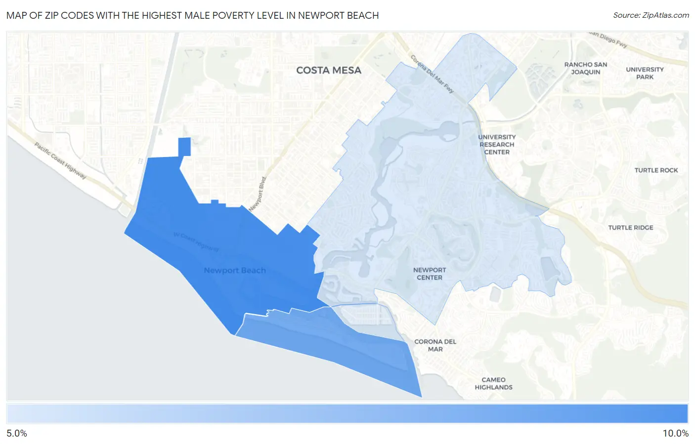 Zip Codes with the Highest Male Poverty Level in Newport Beach Map