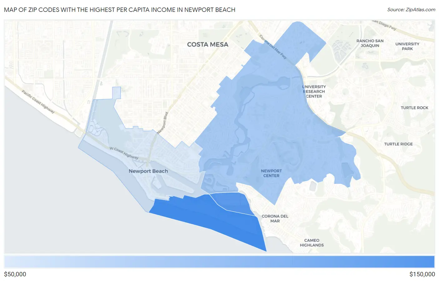 Zip Codes with the Highest Per Capita Income in Newport Beach Map