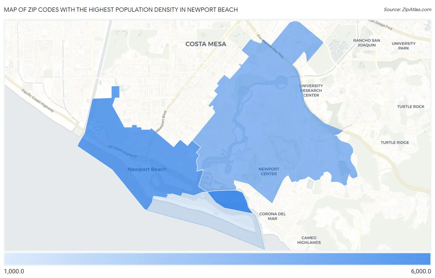 Zip Codes with the Highest Population Density in Newport Beach Map