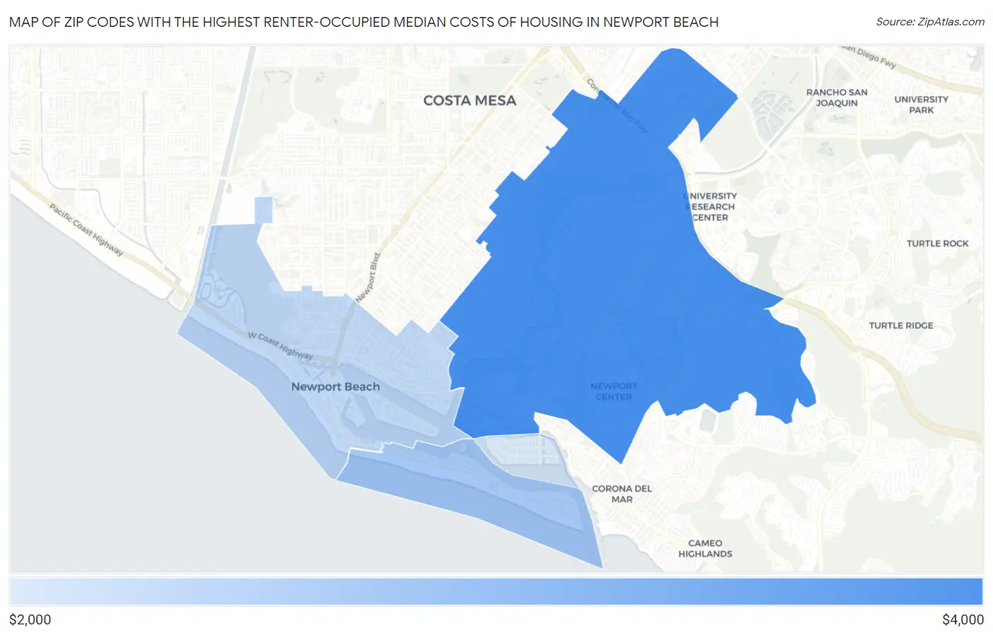 Zip Codes with the Highest Renter-Occupied Median Costs of Housing in Newport Beach Map