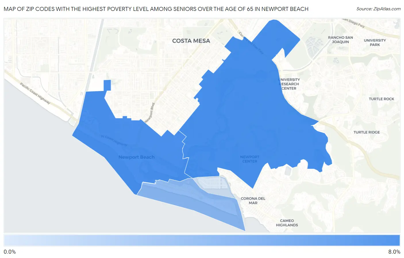 Zip Codes with the Highest Poverty Level Among Seniors Over the Age of 65 in Newport Beach Map