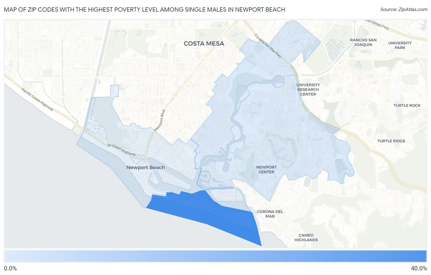 Zip Codes with the Highest Poverty Level Among Single Males in Newport Beach Map