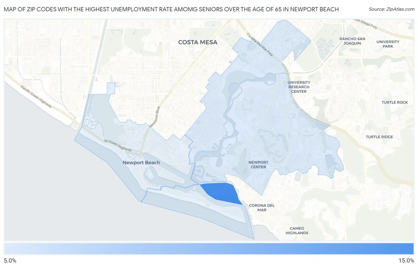 Zip Codes with the Highest Unemployment Rate Amomg Seniors Over the Age of 65 in Newport Beach Map