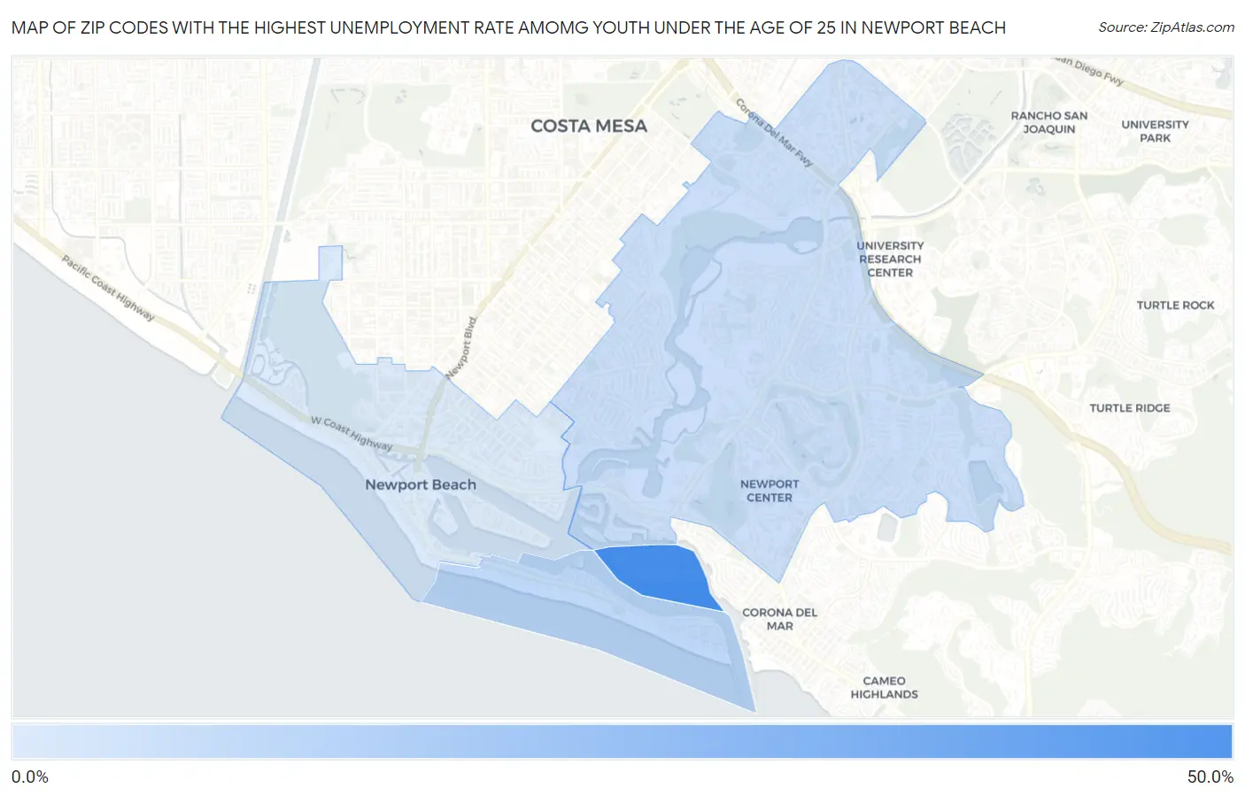 Zip Codes with the Highest Unemployment Rate Amomg Youth Under the Age of 25 in Newport Beach Map
