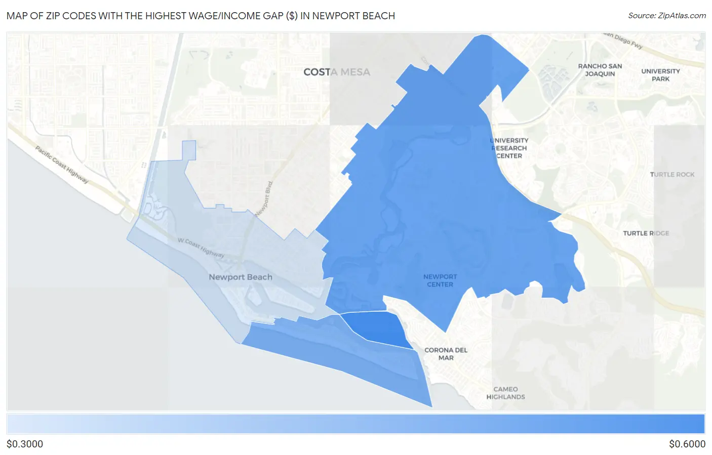 Zip Codes with the Highest Wage/Income Gap ($) in Newport Beach Map