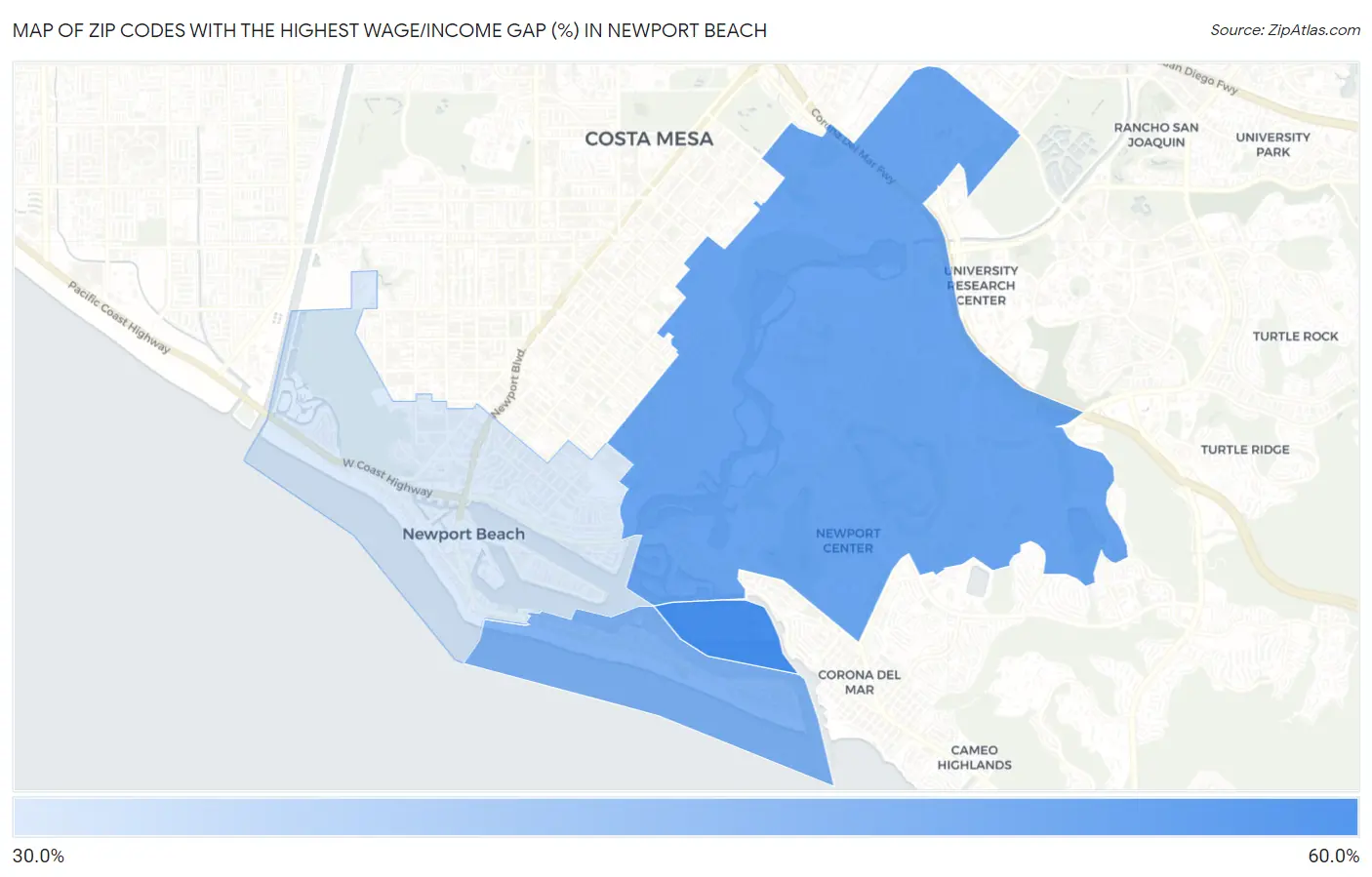 Zip Codes with the Highest Wage/Income Gap (%) in Newport Beach Map