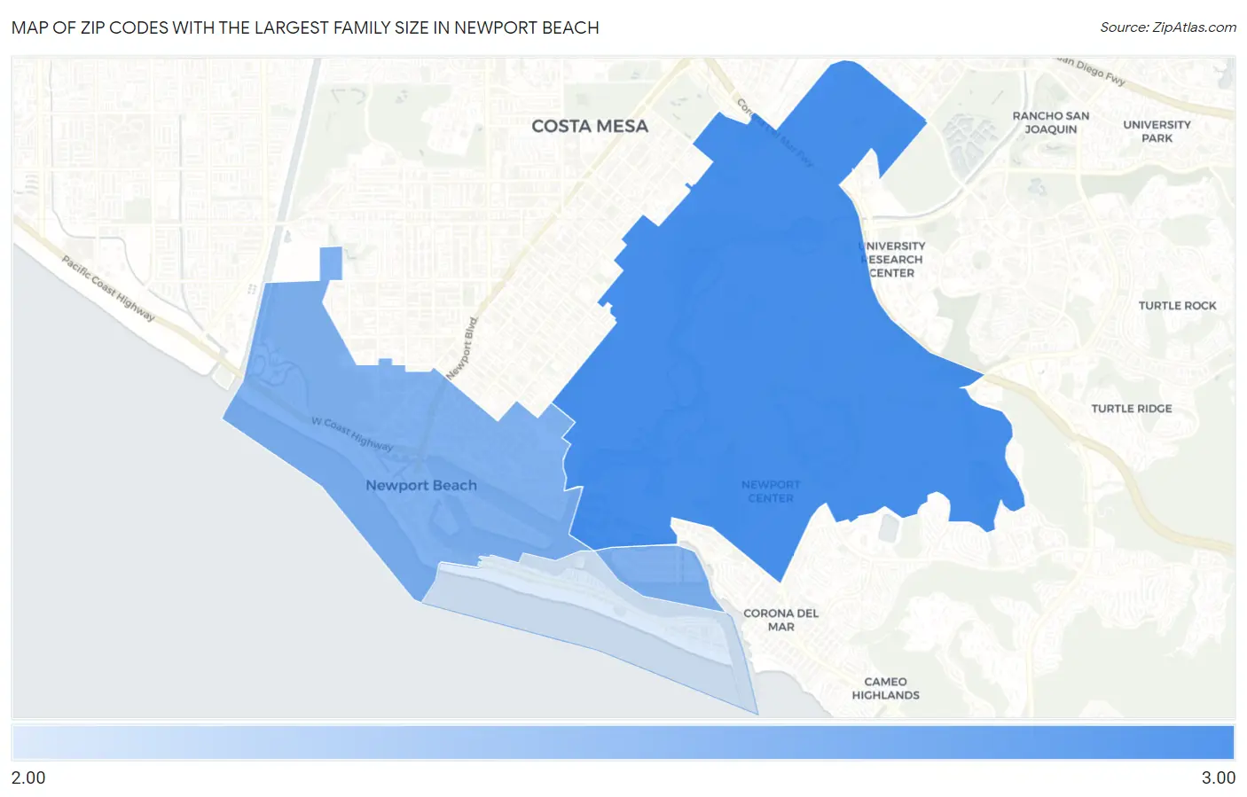 Zip Codes with the Largest Family Size in Newport Beach Map