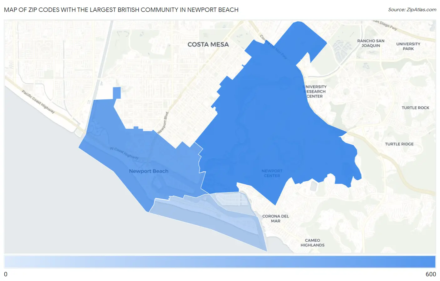 Zip Codes with the Largest British Community in Newport Beach Map