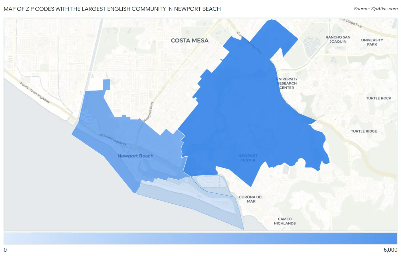 Zip Codes with the Largest English Community in Newport Beach Map