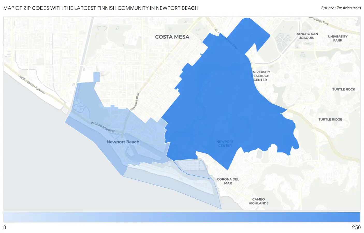 Zip Codes with the Largest Finnish Community in Newport Beach Map