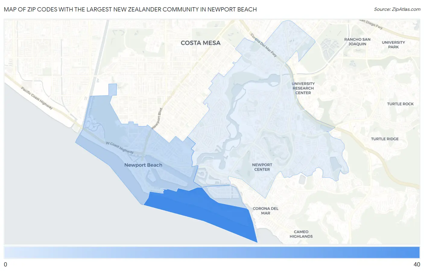 Zip Codes with the Largest New Zealander Community in Newport Beach Map