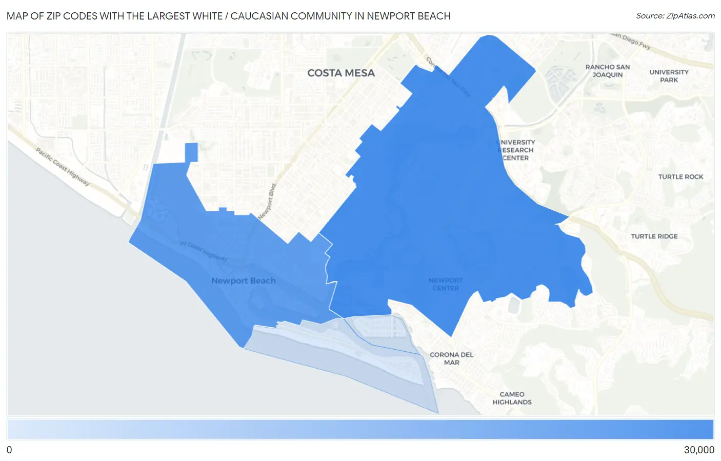 Zip Codes with the Largest White / Caucasian Community in Newport Beach Map