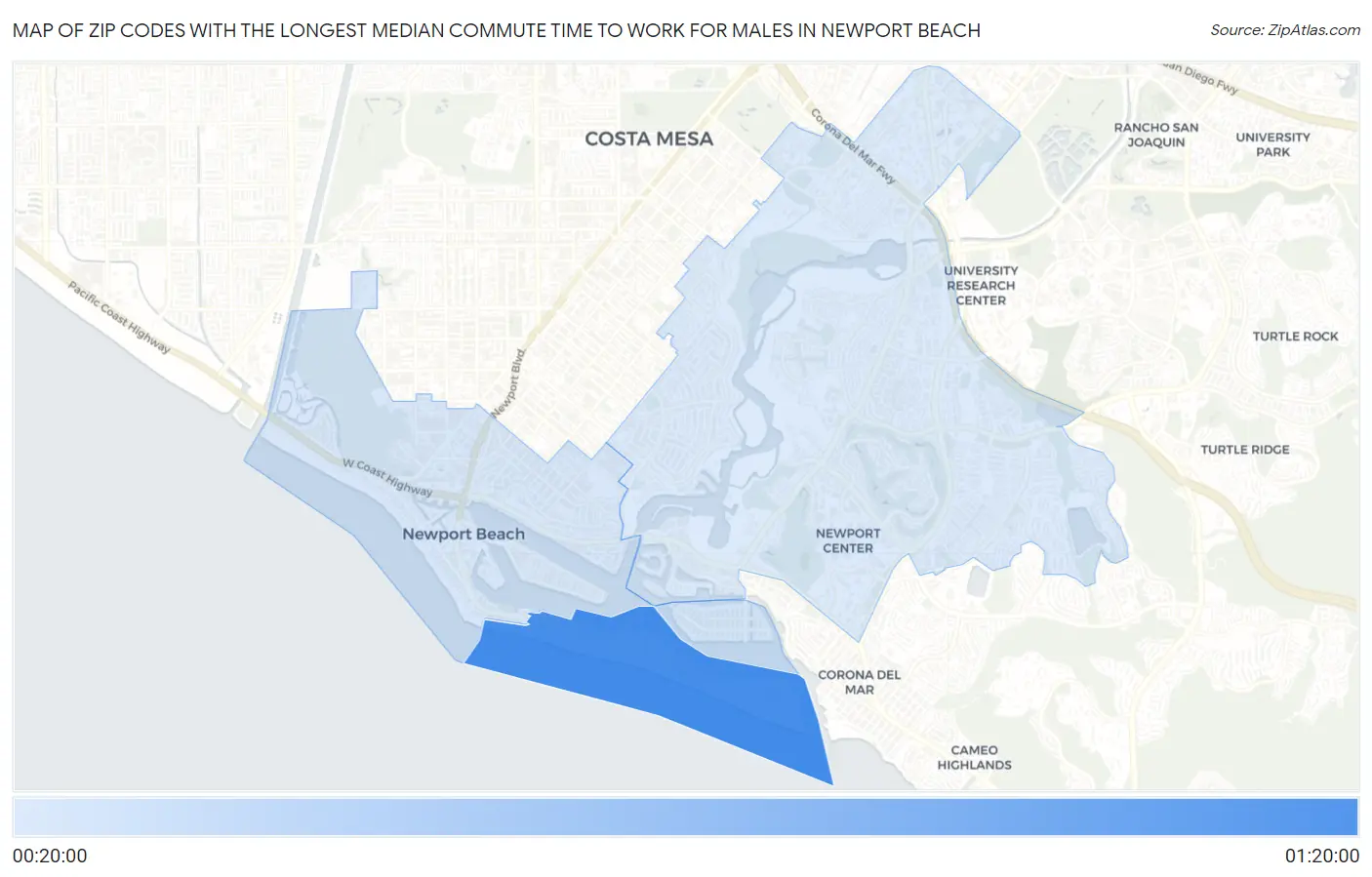 Zip Codes with the Longest Median Commute Time to Work for Males in Newport Beach Map