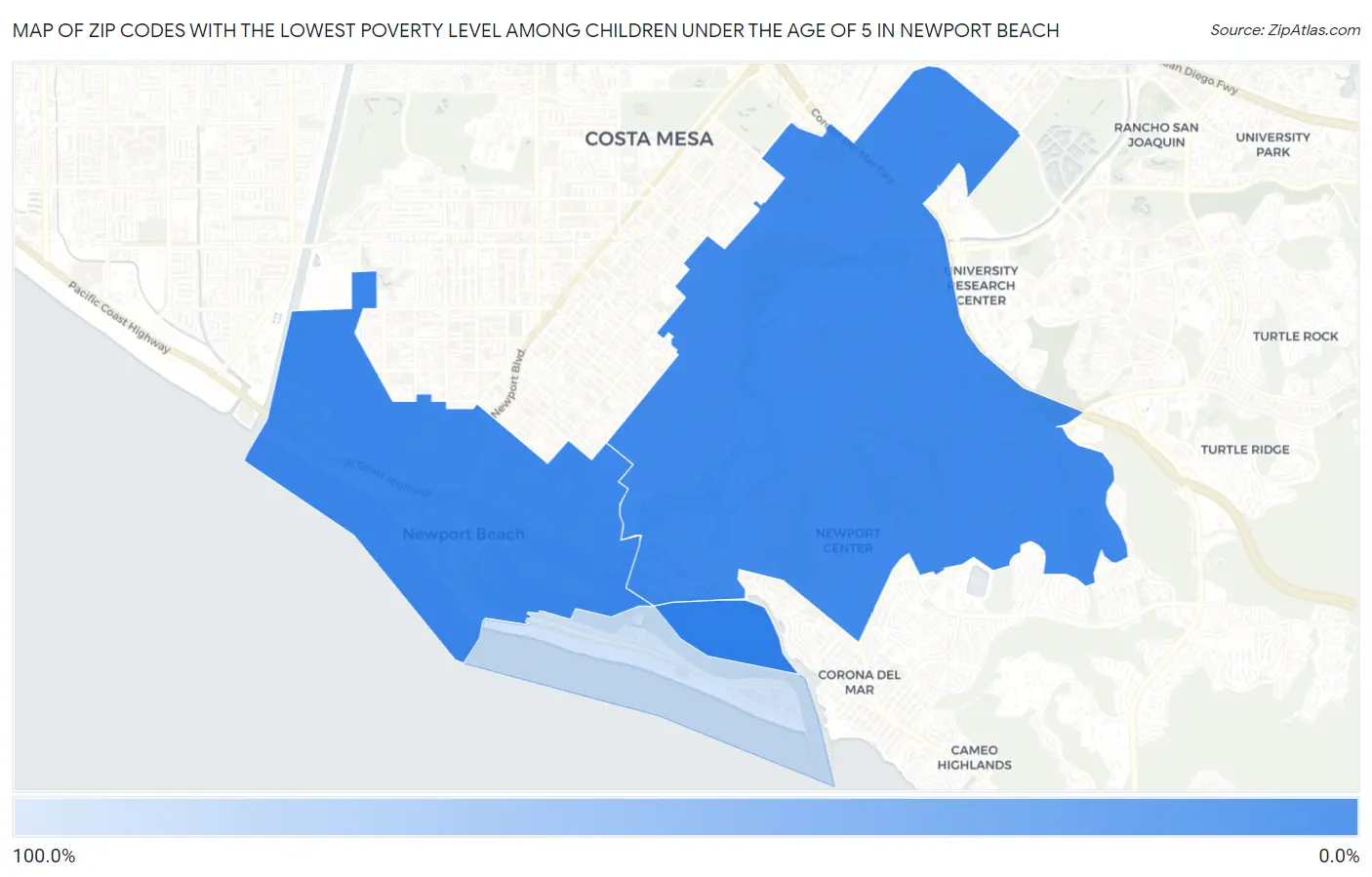 Zip Codes with the Lowest Poverty Level Among Children Under the Age of 5 in Newport Beach Map