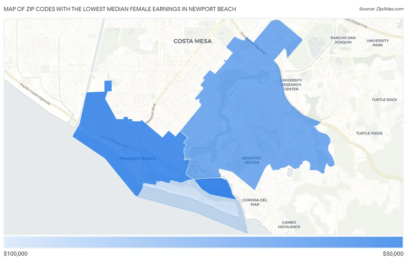 Zip Codes with the Lowest Median Female Earnings in Newport Beach Map