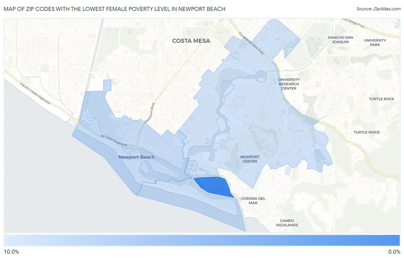 Zip Codes with the Lowest Female Poverty Level in Newport Beach Map
