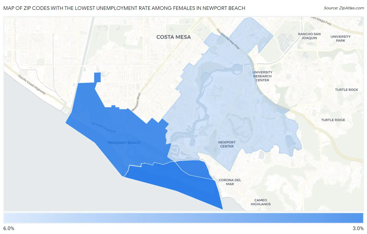 Zip Codes with the Lowest Unemployment Rate Among Females in Newport Beach Map