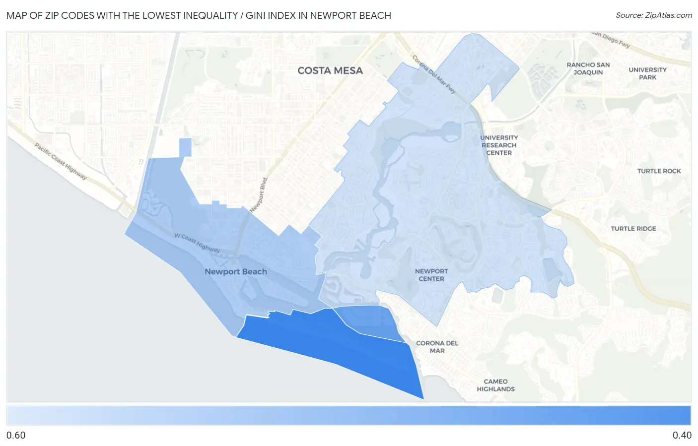 Zip Codes with the Lowest Inequality / Gini Index in Newport Beach Map