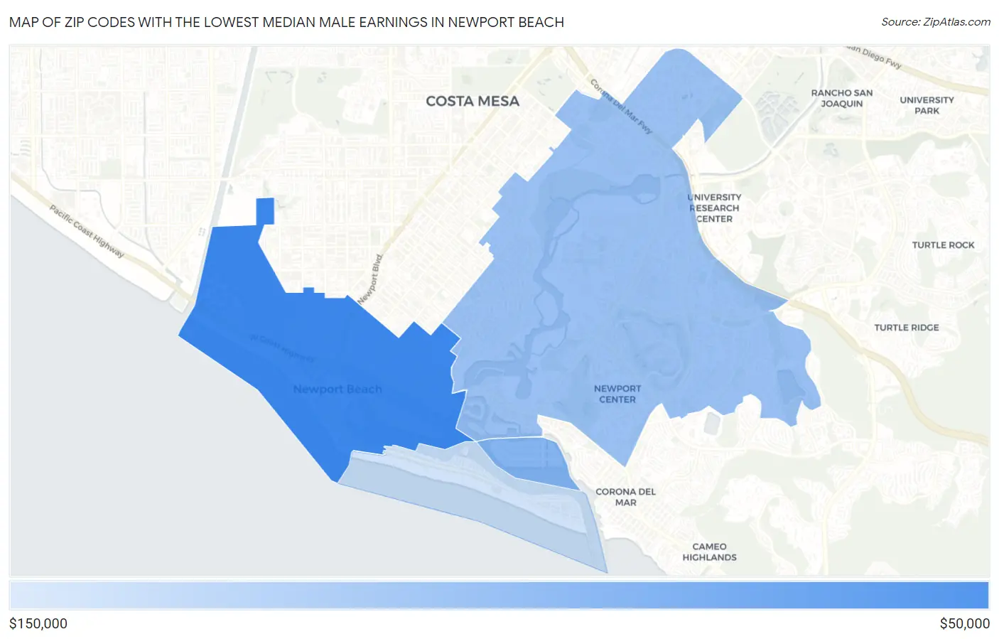 Zip Codes with the Lowest Median Male Earnings in Newport Beach Map