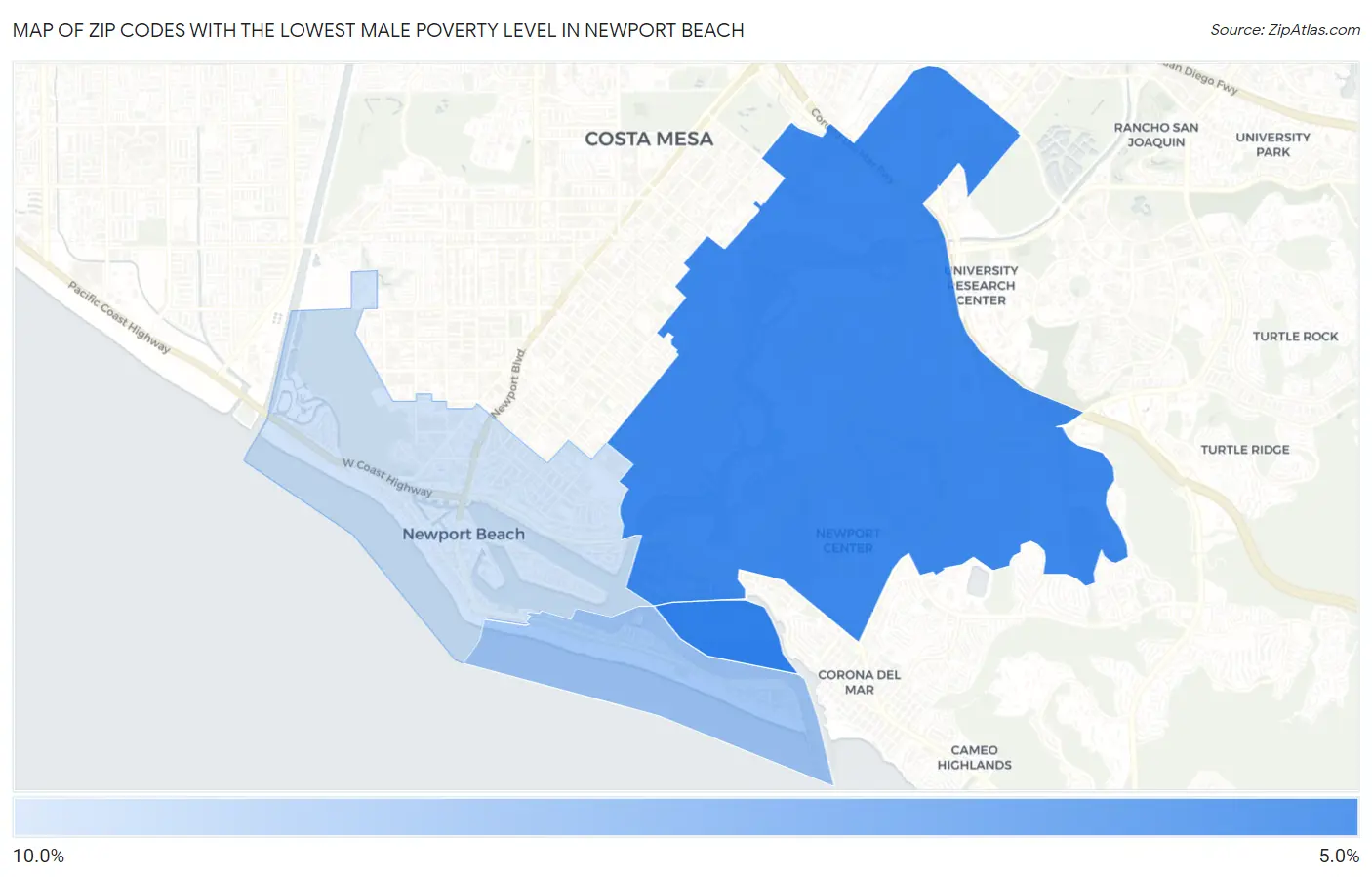 Zip Codes with the Lowest Male Poverty Level in Newport Beach Map