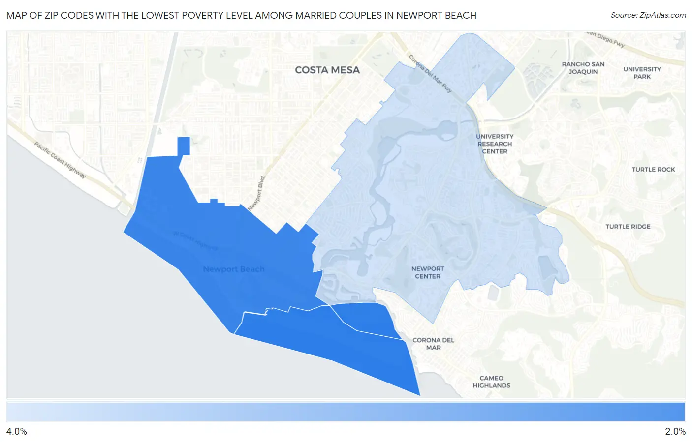 Zip Codes with the Lowest Poverty Level Among Married Couples in Newport Beach Map