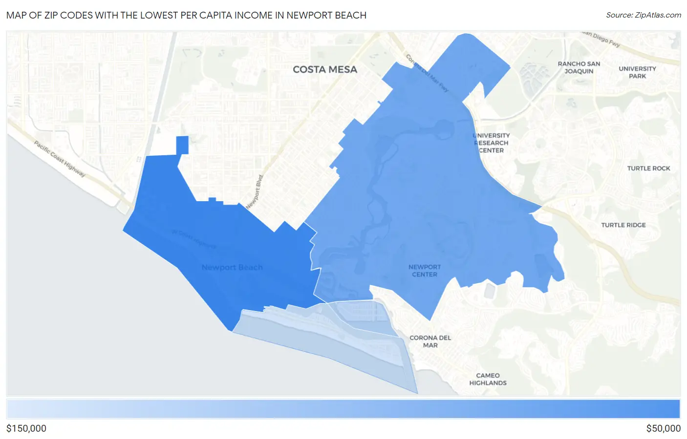 Zip Codes with the Lowest Per Capita Income in Newport Beach Map