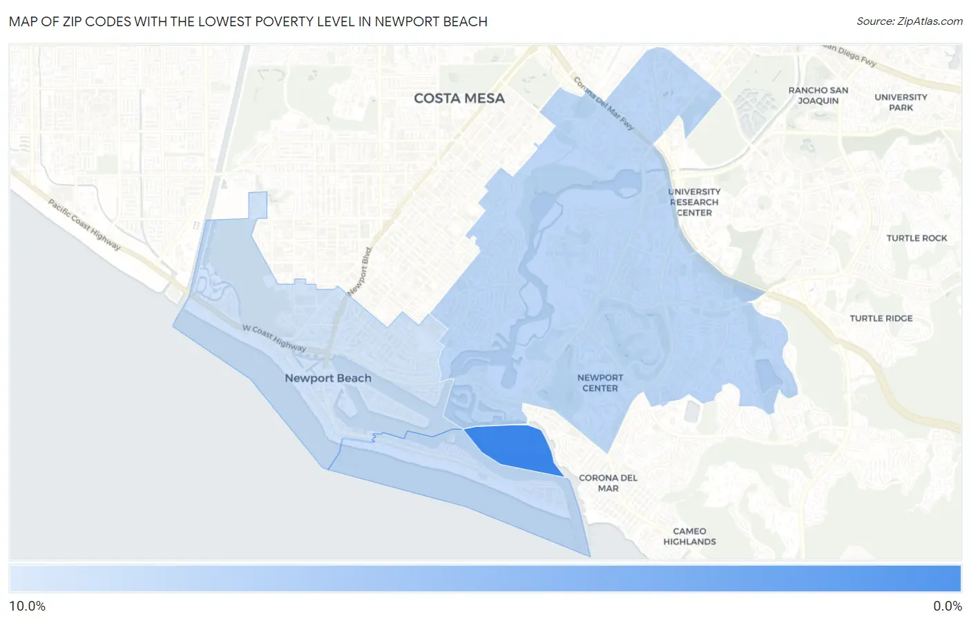 Zip Codes with the Lowest Poverty Level in Newport Beach Map