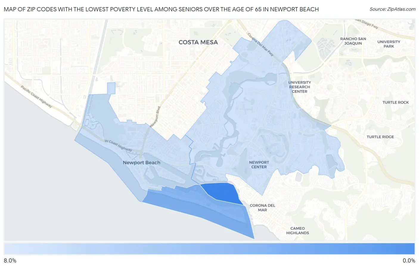 Zip Codes with the Lowest Poverty Level Among Seniors Over the Age of 65 in Newport Beach Map