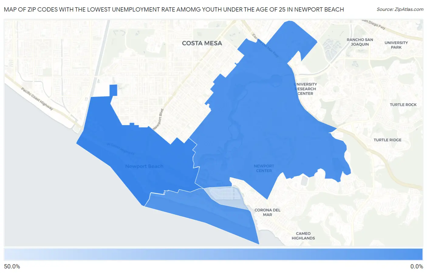 Zip Codes with the Lowest Unemployment Rate Amomg Youth Under the Age of 25 in Newport Beach Map