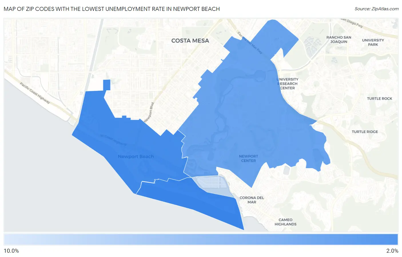 Zip Codes with the Lowest Unemployment Rate in Newport Beach Map