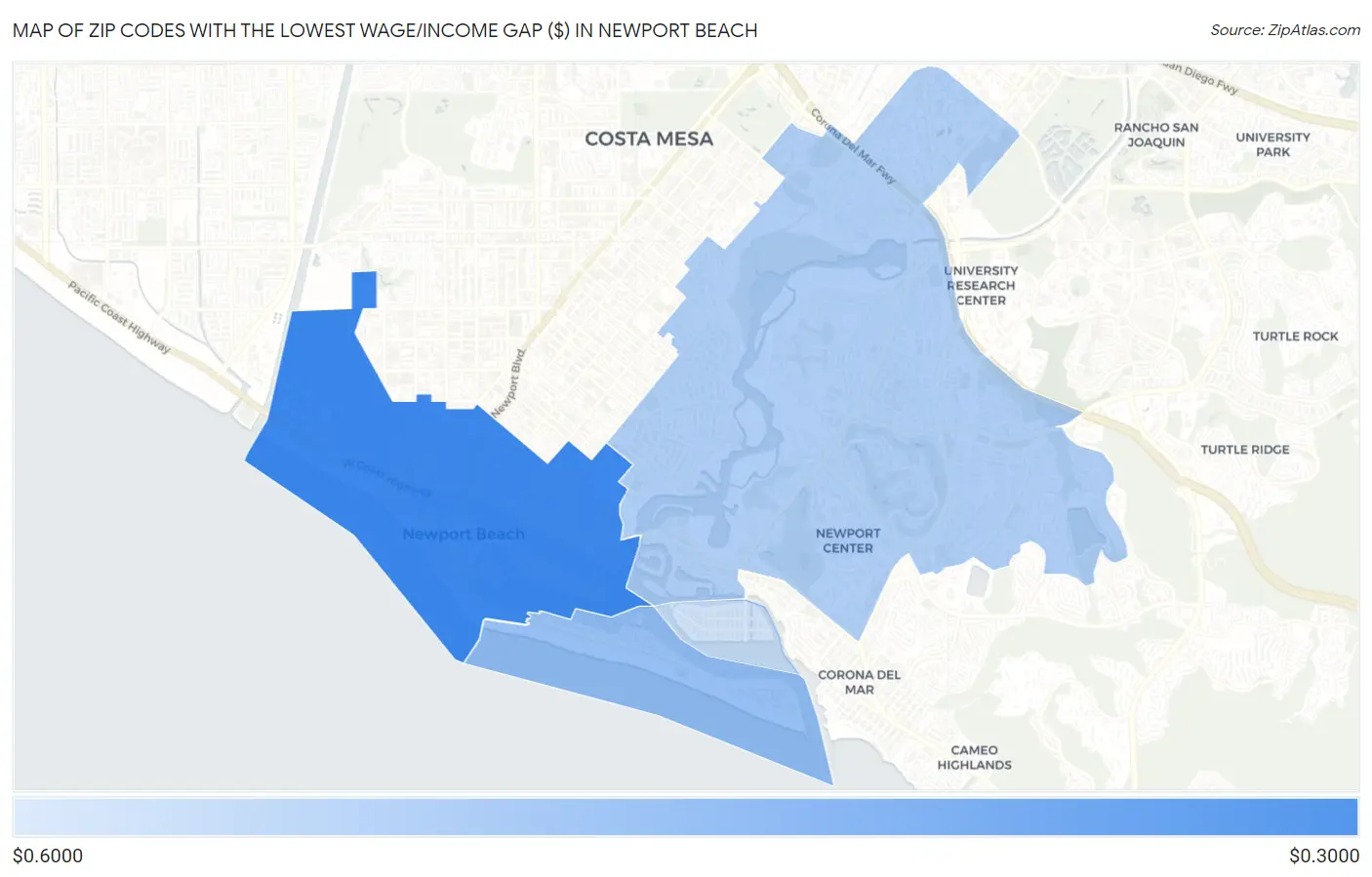 Zip Codes with the Lowest Wage/Income Gap ($) in Newport Beach Map