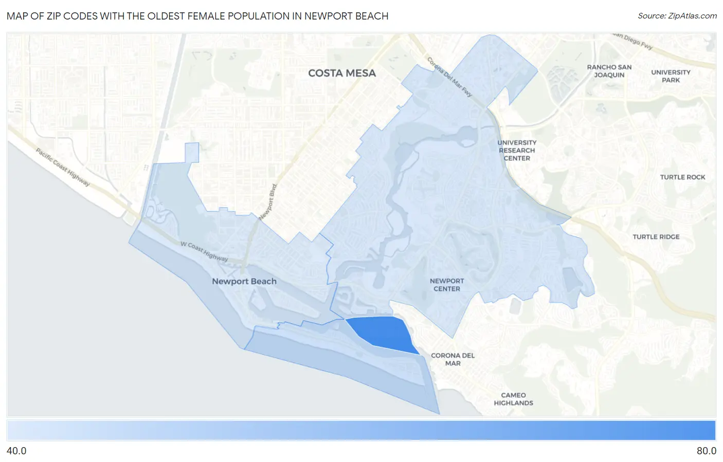 Zip Codes with the Oldest Female Population in Newport Beach Map