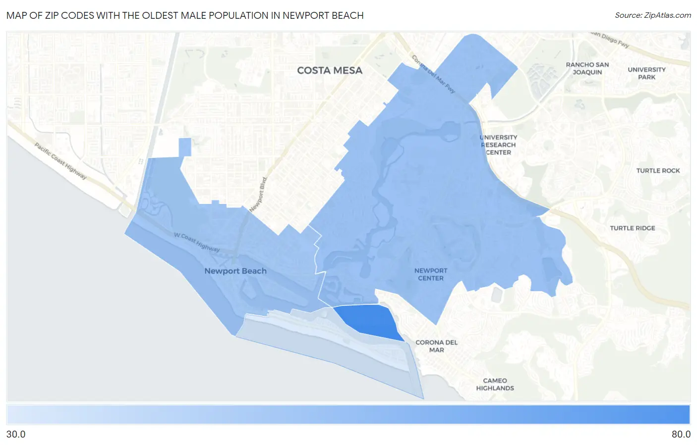 Zip Codes with the Oldest Male Population in Newport Beach Map
