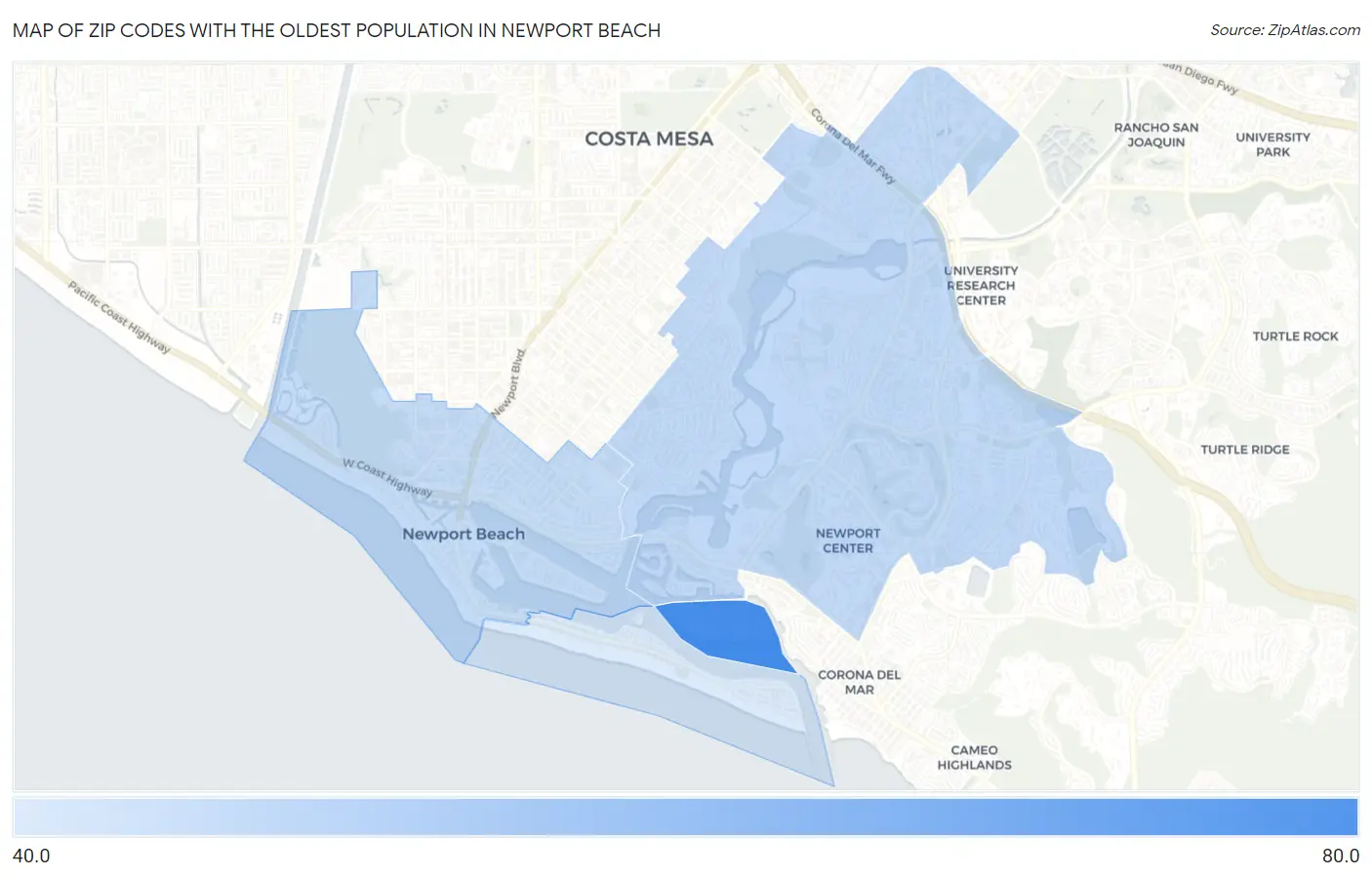 Zip Codes with the Oldest Population in Newport Beach Map