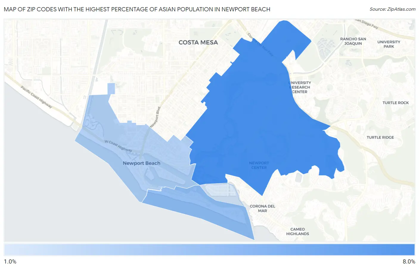 Zip Codes with the Highest Percentage of Asian Population in Newport Beach Map