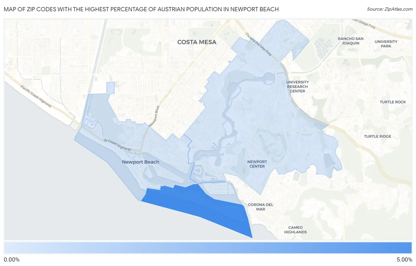 Zip Codes with the Highest Percentage of Austrian Population in Newport Beach Map
