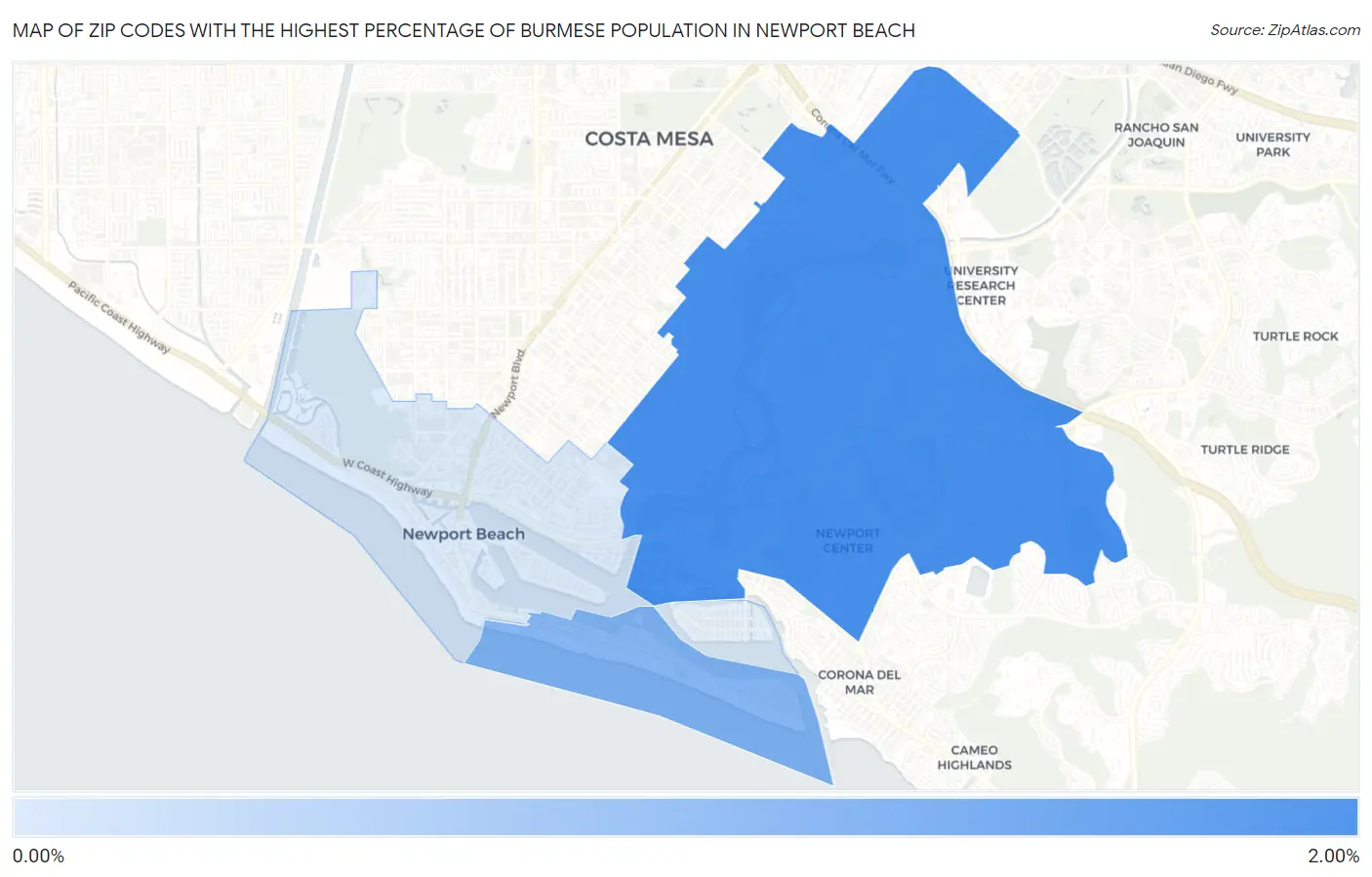 Zip Codes with the Highest Percentage of Burmese Population in Newport Beach Map