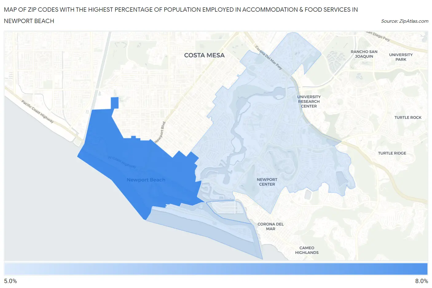 Zip Codes with the Highest Percentage of Population Employed in Accommodation & Food Services in Newport Beach Map