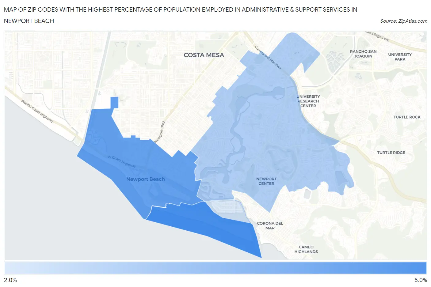 Zip Codes with the Highest Percentage of Population Employed in Administrative & Support Services in Newport Beach Map