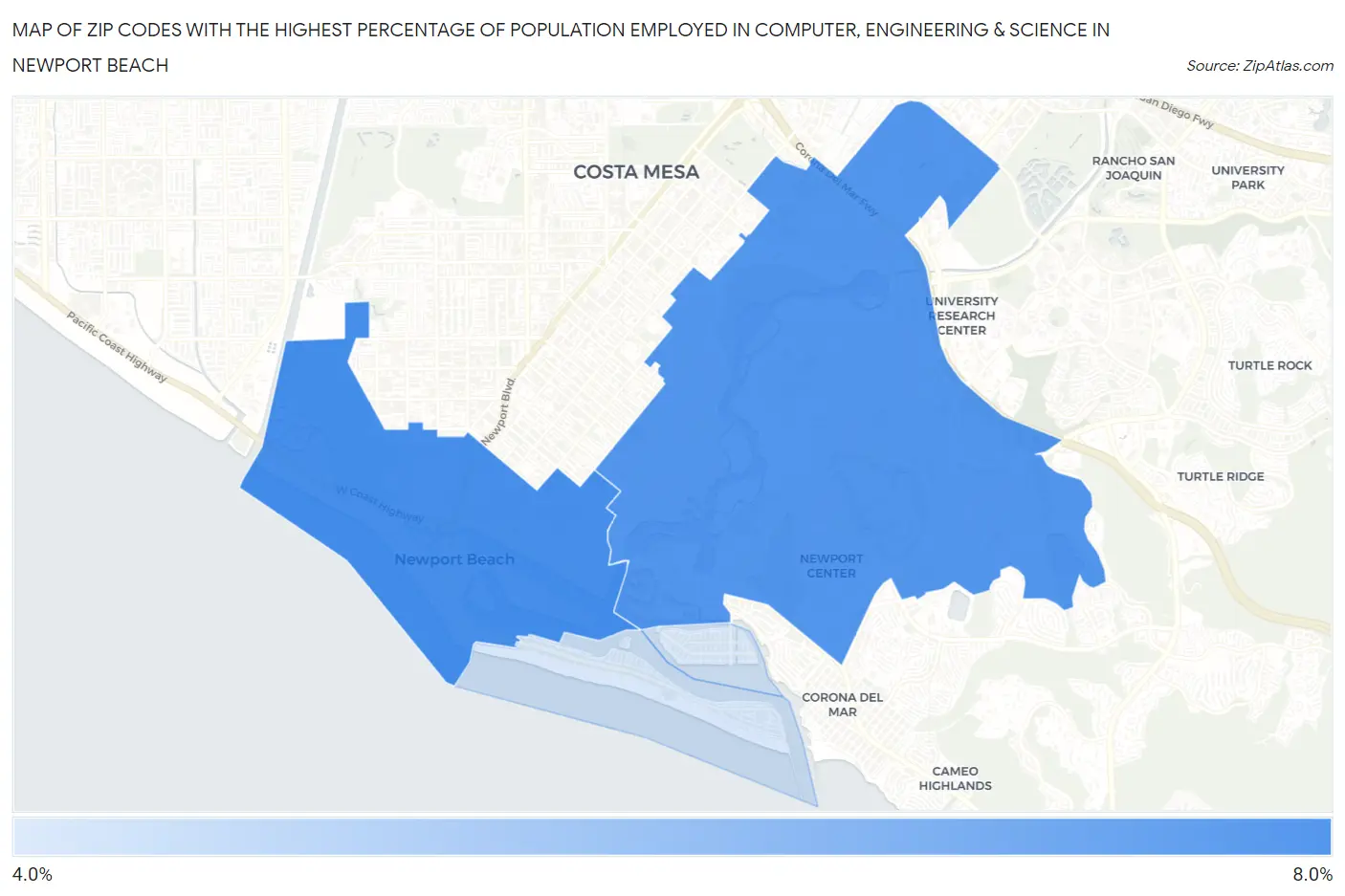 Zip Codes with the Highest Percentage of Population Employed in Computer, Engineering & Science in Newport Beach Map