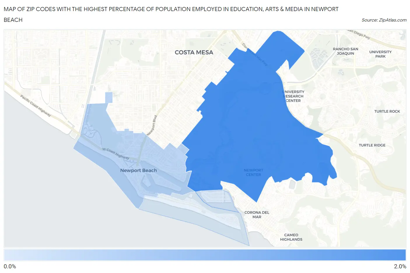 Zip Codes with the Highest Percentage of Population Employed in Education, Arts & Media in Newport Beach Map