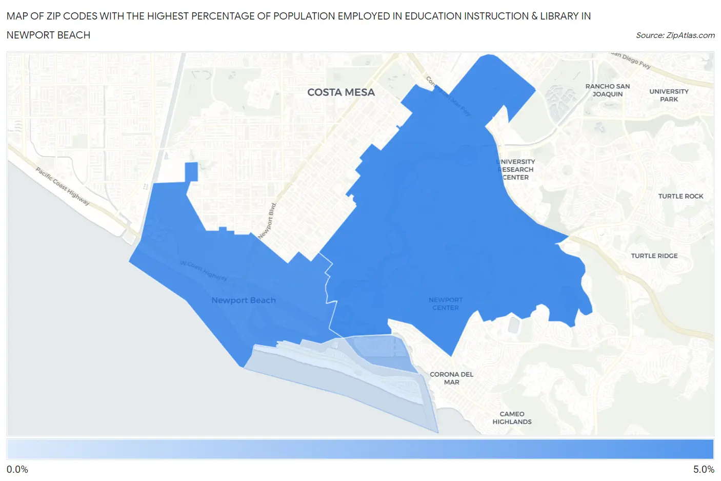 Zip Codes with the Highest Percentage of Population Employed in Education Instruction & Library in Newport Beach Map